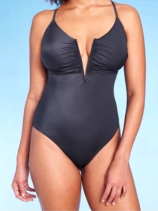 Shade & Shore Other - Shade & Shore Women’s Black Ruched Plunge One-Piece V Neck Swimsuit Size XL NWT